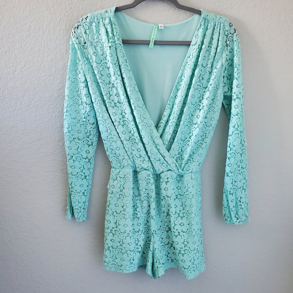 Velvet Torch lace faux wrap romper
